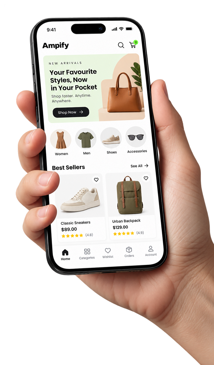 Hand holding a phone showing a Shopify store app