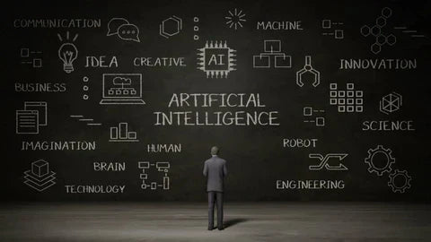A visual representation of AI transforming ecommerce with data flows, shopping assistants, and digital retail elements