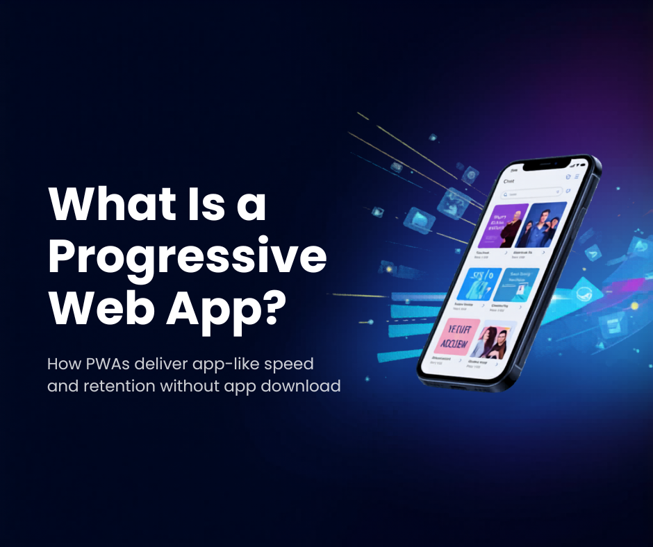 Dynamic smartphone illustration showing a Shopify store as a Progressive Web App on mobile