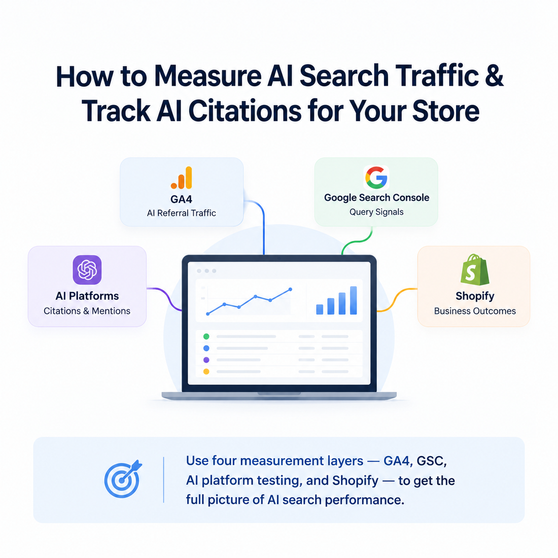 Dashboard showing how to measure AI search traffic and track AI citations for a Shopify store using GA4, Google Search Console, & manual citation testing