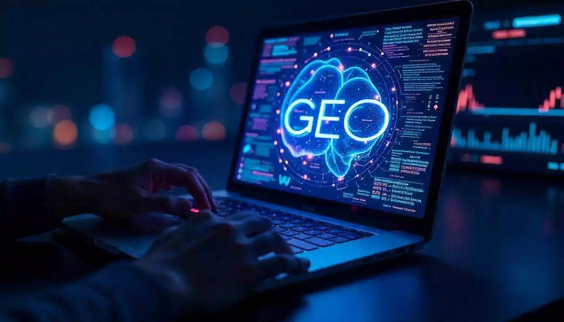 A Shopify merchant analyzing Generative Engine Optimization analytics and AI search visibility trends on a laptop screen.