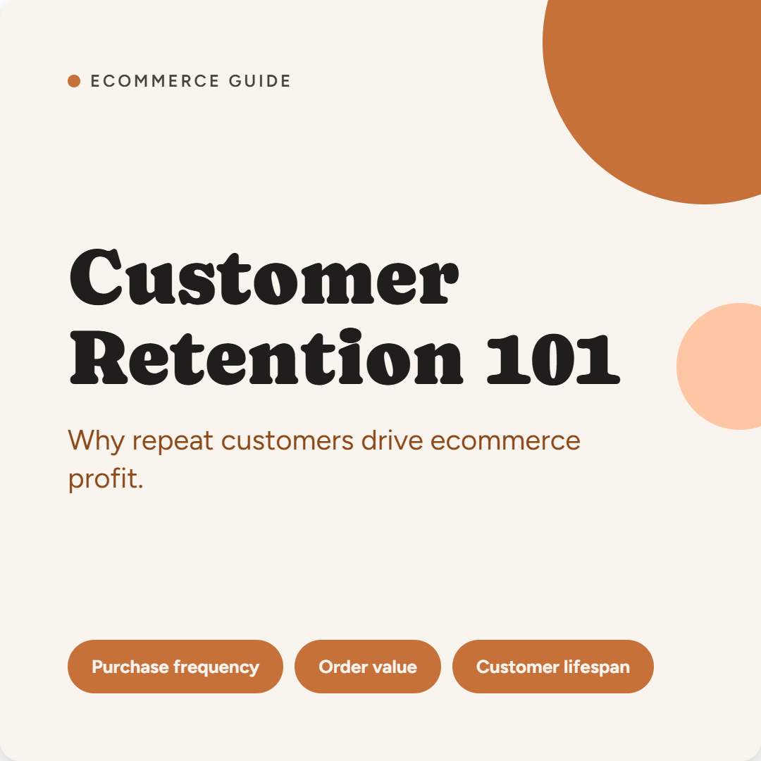 Customer Retention 101 ecommerce guide cover — why repeat customers drive profit : purchase frequency, order value, and customer lifespan